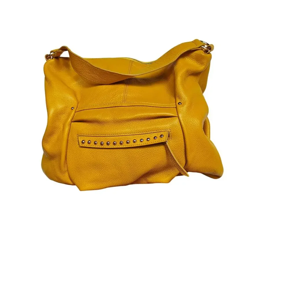 Laggo Pebbled Leather Hobo Shoulder Bag Yellow – Zip Top, Studded Front Pocket - Picture 2 of 8